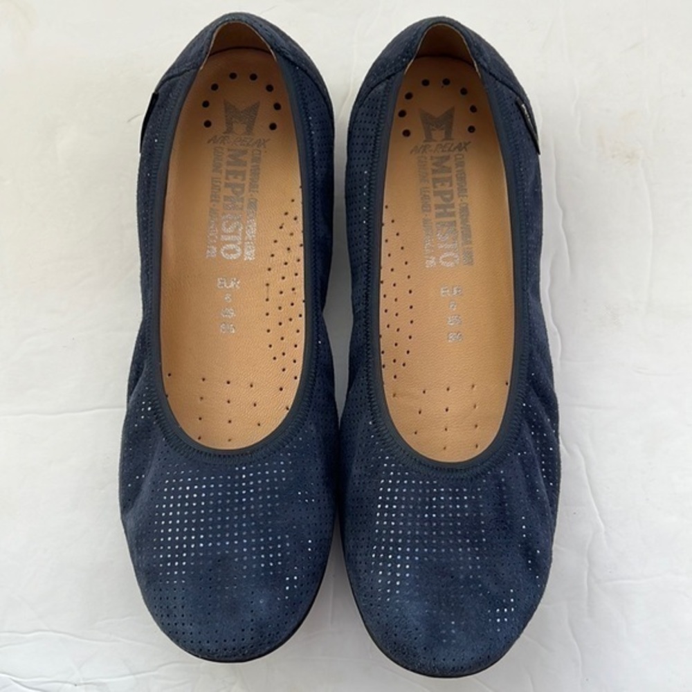 Mephisto metallic blue perforated nubuck leather ballerina slip on shoes
